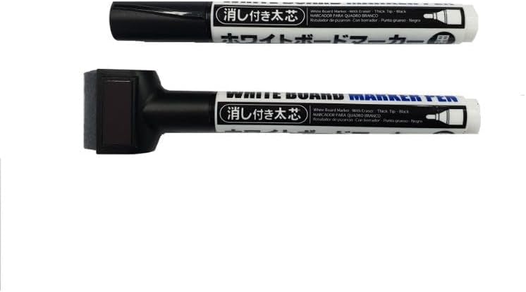 DAISO Thick Tip Whiteboard Marker with Eraser - Black - 2 Pieces Pack - Image 2